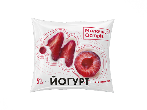 Йогурт вишневий з цукром 1,5% Молочний острів (пакет) 400 гр
